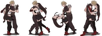 1boy 1girl arm_around_waist black_hair blonde_hair cloud_strife dancing final_fantasy final_fantasy_vii final_fantasy_vii_remake highres long_hair low-tied_long_hair sequential simple_background skirt sleeveless sleeveless_turtleneck sona_(mmediocreman) spiked_hair suspenders thighhighs tifa_lockhart turtleneck
