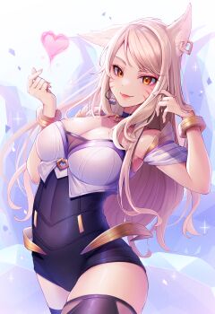 1girl ahri_(league_of_legends) animal_ear_fluff animal_ears bare_shoulders blonde_hair bracelet breasts choker cleavage collarbone commentary crystal_tail detached_sleeves earrings facial_mark finger_heart fox_ears fox_girl fox_tail hand_in_own_hair hands_up heart highres jewelry k/da_(league_of_legends) k/da_ahri league_of_legends leotard long_hair looking_at_viewer medium_breasts microphone momoirone multiple_tails playing_with_own_hair short_sleeves sidelocks simple_background skindentation smile solo standing strapless strapless_leotard swept_bangs tail thighhighs vastaya whisker_markings white_background white_sleeves yellow_eyes zettai_ryouiki