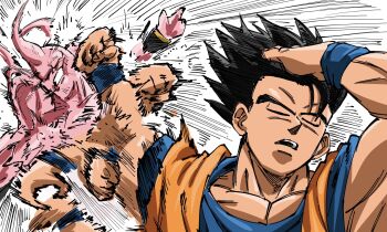 adjusting_hair black_hair closed_eyes colored_skin dragon_ball dragonball_z hand_in_own_hair highres kid_buu majin_buu male_focus meme naoya_hitting_choso_without_looking_(meme) open_mouth pink_skin rz28kp scene_reference short_hair simple_background son_goku spiked_hair white_background