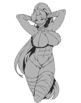 1girl abs assassin_(fate/zero) bandaged_arm bandaged_leg bandages bare_shoulders biceps bikini breasts cleavage earrings fate/zero fate_(series) female_assassin_(fate/zero) greyscale halterneck high_ponytail hoop_earrings jewelry large_breasts long_hair mask minew monochrome muscular muscular_female navel neck_ring parted_bangs ponytail skull_mask solo swimsuit thighs toned very_long_hair