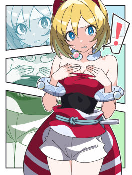 ! 1girl bare_shoulders blonde_hair blue_eyes border bracelet breasts bright_pupils hair_between_eyes hairband highres irida_(pokemon) jewelry kanbei_(pixiv11037490) looking_at_viewer neck_ring nintendo pokemon pokemon_legends:_arceus red_hairband red_sash red_shirt sash shirt short_hair shorts simple_background solo standing strapless strapless_shirt upper_body waist_cape white_border white_pupils white_shorts