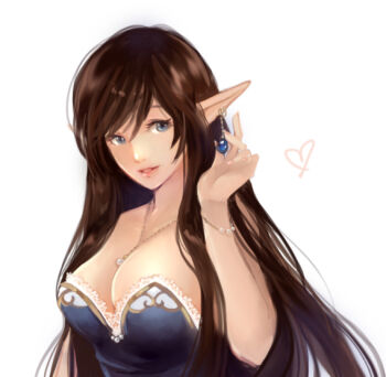 Rule 34 | 1girl, black dress, breasts, brown hair, cleavage, commentary request, crystal earrings, dress, earrings, gobaku no hito, grey eyes, hand up, jewelry, large breasts, lips, long hair, looking at viewer, original, pointy ears, simple background, smile, solo, strapless, strapless dress, upper body, white background