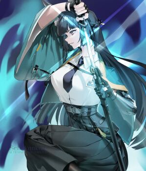 1girl animal_ear_fluff animal_ears aqua_jacket arm_out_of_sleeve arm_up black_gloves black_hair black_necktie black_skirt blue_background commentary_request commission cowboy_shot fingerless_gloves fox_ears fox_girl gauntlets gloves high-waist_skirt highres holding holding_sword holding_weapon hoshimi_miyabi id_card jacket katana leg_up long_hair long_skirt necktie paid_reward_available parted_lips red_eyes sebakanken sheath shirt single_fingerless_glove single_gauntlet skirt solo sword weapon white_shirt zenless_zone_zero