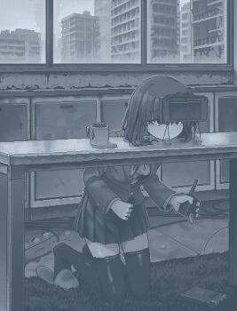 1girl blazer blue_theme claymore_(mine) closed_mouth controller detonator empty_eyes explosive hamsterfragment holding_detonator imminent_death imminent_suicide jacket jaggy_lines long_sleeves medium_hair mine_(weapon) monochrome original over-kneehighs pleated_skirt remote_control school_uniform shinohata_sachie_(hamsterfragment) shirt shoes skirt solo suicide_bomb thighhighs weapon