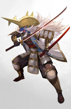 1boy absurdres armor beard facial_hair full_body furrification furry furry_male gen_5_pokemon gradient_background helmet highres holding holding_sheath holding_sword holding_weapon japanese_armor katana looking_at_viewer male_focus mustache nintendo open_mouth pokemon pokemon_(creature) red_eyes samurott sheath shoulder_armor sode solo sword teo_(telo_ruka) weapon white_background white_facial_hair