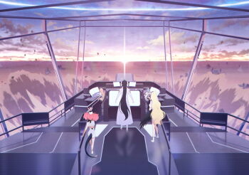 3girls artist_request ayumu_(blue_archive) bare_arms bare_shoulders black_hair black_wings blonde_hair blue_archive blue_halo coat dress feathered_wings game_cg halo hat high_heels highres long_hair momoka_(blue_archive) multiple_girls non-web_source official_art pink_hair pink_halo rin_(blue_archive) sailor_hat shoes short_hair short_sleeves short_twintails sleeveless sleeveless_dress socks tail twintails very_long_hair white_coat white_dress white_hat white_shoes white_socks wings yellow_halo