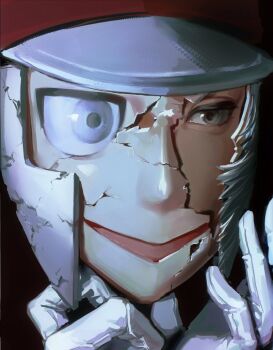 Rule 34 | 1boy, :>, black background, broken mask, commentary, crack, cracked kawaii mask, emmet (pokemon), gloves, grey eyes, hat, jitome, lightyear253733, male focus, mask, mismatched eyes, nintendo, open mouth, pokemon, pokemon bw, sideburns, simple background, smile, solo, symbol-only commentary, white gloves, white hair, white hat