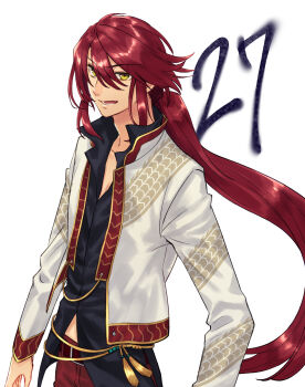 1boy aaron_wei black_shirt commentary_request countdown double-parted_bangs eiyuu_densetsu floating_hair hair_between_eyes highres jacket kuro_no_kiseki_(series) kuro_no_kiseki_i lll15u18 long_hair long_sleeves looking_at_viewer male_focus open_clothes open_jacket open_mouth ponytail red_hair shirt sidelocks simple_background smile solo upper_body very_long_hair white_background yellow_eyes