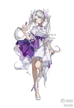 Rule 34 | 1girl, blue eyes, bow, bowtie, butterfly hair ornament, dated, dress, frilled dress, frills, full body, grey hair, hair ornament, long hair, looking at viewer, mihuashi username, original, parted bangs, parted lips, shoes, short sleeves, signature, simple background, solo, standing, standing on one leg, twintails, white background, white bow, white bowtie, white dress, white shoes, zeriko