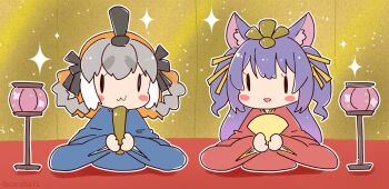 .live 2girls animal_ears blue_hair coroha extra_ears grey_hair highres island_fox_(kemono_friends) kemono_friends kemono_friends_v_project looking_at_viewer multiple_girls ribbon rurun_rururica virtual_youtuber