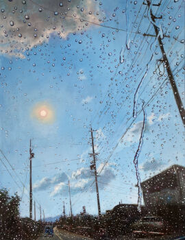 after_rain blue_sky cloud commentary_request day highres moto09 no_humans original outdoors photorealistic power_lines realistic road scenery sky street sun traditional_media utility_pole water water_drop