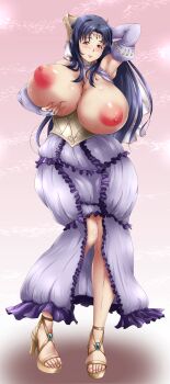 1girl absurdres arm_up armpits artist_request blue_hair blush breasts breasts_out bridal_gauntlets curvy dress female_focus full_body grabbing_own_breast high_heel_sandals highres huge_breasts kyonyuu_fantasy long_hair looking_at_viewer mole mole_under_eye roxanne_de_desir sandals solo toes wide_hips