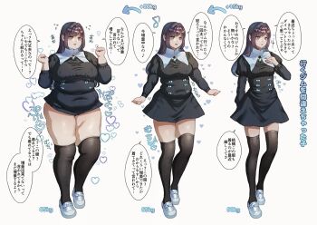 Rule 34 | before and after, black dress, black thighhighs, blue eyes, breasts, brooch, brown hair, collar, covered navel, dress, eyeshadow, fat, fat woman, hand on own chest, heart, japanese text, jewelry, long hair, makeup, medium breasts, open mouth, original, pink eyeshadow, plump, shoes, smile, solo, sound effects, speech bubble, standing, sweat, thick thighs, thighhighs, thighs, toro (tororo), weight gain, white background, white collar, white shoes