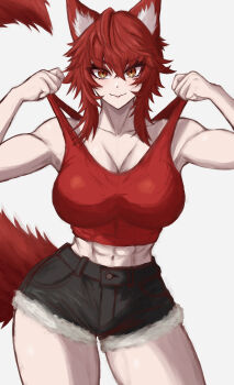 1girl absurdres animal_ears black_shorts breasts cleavage closed_mouth commentary highres indie_virtual_youtuber large_breasts looking_at_viewer meibin navel red_hair red_tank_top short_hair shorts smile solo strap_pull tail tank_top virtual_youtuber white_background wolf_ears wolf_girl wolf_tail yellow_eyes zentreya