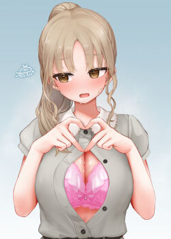 Rule 34 | 1girl, blush, bra, breasts, brown eyes, brown hair, commentary request, covered erect nipples, festa11307070, frilled bra, frills, grey shirt, heart, heart hands, large breasts, long hair, nijisanji, open clothes, open mouth, open shirt, parted bangs, partially unbuttoned, pink bra, ponytail, shirt, signature, simple background, sister claire, sister claire (3rd costume), solo, sweat, underwear, upper body, virtual youtuber