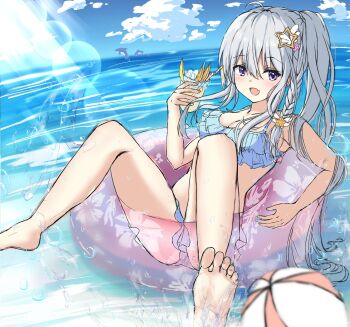 1girl 9-nine- :d ahoge alternate_costume ball bare_legs barefoot beachball bikini blue_bikini blue_sky blush braid breasts cleavage cloud commentary cup dated_commentary day dolphin drink drinking_glass drinking_straw fang feet floral_print food frilled_bikini frills fruit full_body grey_hair hair_between_eyes hair_ornament hair_over_shoulder hair_spread_out hand_up highres holding holding_cup legs lemon lemon_slice long_hair looking_at_viewer lying medium_breasts niimi_sora ocean on_back open_mouth outdoors print_innertube purple_eyes relaxing side_ponytail sidelighting sidelocks single_braid sketch skin_fang sky smile soles solo spread_legs star_(symbol) star_hair_ornament sunlight swim_ring swimsuit tatika714 thighs toes very_long_hair water water_drop wing_hair_ornament