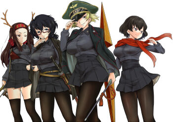 Rule 34 | 4girls, absurdres, adjusting clothes, adjusting headwear, alternate costume, antlers, black eyes, black hair, black jacket, black pantyhose, black skirt, black thighhighs, blonde hair, brown eyes, brown hair, caesar (girls und panzer), closed mouth, commentary request, commission, dress shirt, erwin (girls und panzer), fake antlers, frown, girls und panzer, goggles, goggles on headwear, green hat, grey shirt, hair tie, half-closed eyes, hand on own arm, hand on own hip, haori, hat, headband, highres, holding, holding sword, holding weapon, horns, insignia, jacket, jacket on shoulders, japanese clothes, kuromorimine military uniform, kuromorimine school uniform, long hair, long sleeves, looking at viewer, looking to the side, medium hair, messy hair, military hat, miniskirt, multiple girls, muneate, nabeyu, one eye closed, oryou (girls und panzer), pantyhose, partial commentary, peaked cap, pixiv commission, pleated skirt, pointy hair, ponytail, red-framed eyewear, red headband, red scarf, reindeer antlers, saemonza (girls und panzer), sanada clan (emblem), scarf, school uniform, semi-rimless eyewear, sheath, shirt, short hair, short ponytail, simple background, skirt, smirk, standing, straight hair, sword, thighhighs, under-rim eyewear, unsheathed, walking, weapon, white background, wing collar