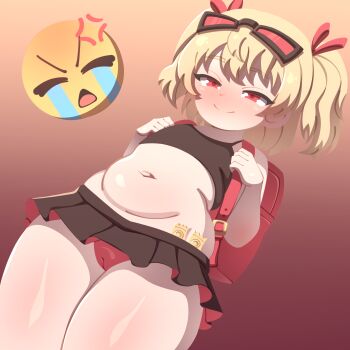 1girl aged_down backpack bag belly blonde_hair blush burnice_white cameltoe condom crying_emoji emoji female_focus flat_chest glasses guerraart highres kaapamani loli meme mesugaki midriff navel panties plump randoseru red_eyes red_panties skirt smile solo standing stomach tank_top thick_thighs thighs twintails underwear uohhhhhhhhh!_(meme) zenless_zone_zero