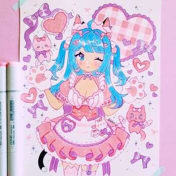 Rule 34 | :<, ;<, ahoge, animal, animal ears, animal hands, apron, blue eyes, blue hair, blunt bangs, blunt sidelocks, blush, bow, breasts, cat, cat ears, cat girl, cat tail, cleavage, dress, earrings, eyelashes, gloves, hair bow, hair intakes, hair ornament, hairclip, heart, heart hair ornament, highres, jewelry, kikkorii, lolita fashion, long hair, mole, mole on breast, one eye closed, original, paw gloves, sidelocks, sparkle, tail, thighhighs, traditional media, two side up