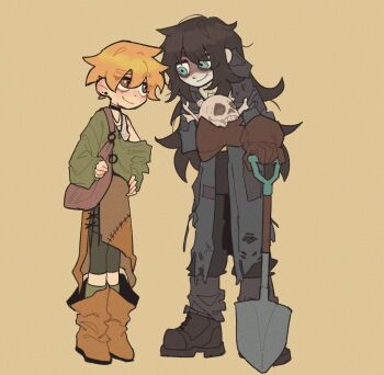 1boy 1girl abaddon_(haunted_hotel) abaddon_(human)_(haunted_hotel) aged_up blonde_hair blue_hair bone boots brown_eyes brown_gloves brown_hair brown_skirt coat commentary_request esther_freeling ghostie1124 gloves green_sweater grey_coat haunted_hotel highres holding holding_skull korean_commentary long_hair looking_at_another messy_hair patchwork_clothes short_hair shovel simple_background skirt skull sweater yellow_background