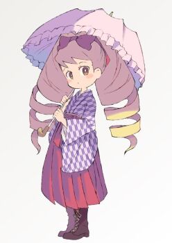 Rule 34 | 1girl, bad id, bad tumblr id, blonde hair, bow, drill hair, grey background, hair bow, holding, holding umbrella, japanese clothes, long hair, looking at viewer, luna platz (mega man), mega man (series), mega man star force (series), miyata (lhr), parasol, simple background, twin drills, umbrella, very long hair