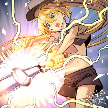 1girl absurdres artoria_caster_(fate) artoria_pendragon_(fate) baseball baseball_bat baseball_cap blonde_hair character_request check_character commission crop_top dated emphasis_lines fate/grail_league fate/grand_order fate_(series) green_eyes hat highres hinomoto_madoka hitting holding holding_baseball_bat long_hair motion_lines navel open_mouth shorts signature skeb_commission teeth tongue twintails