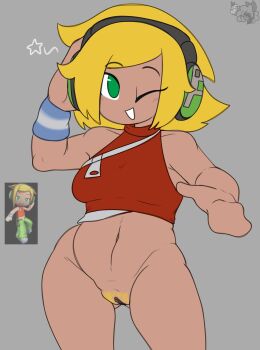 absurdres blonde_hair chibi covered_erect_nipples dancing dj_candy ebiinari electronic_arts green_eyes headphones highres mysims no_panties no_pants one_eye_closed pale_skin pubic_hair pussy red_shirt red_vest shirt short_hair smile star_(symbol) uncensored vest wristband zipper