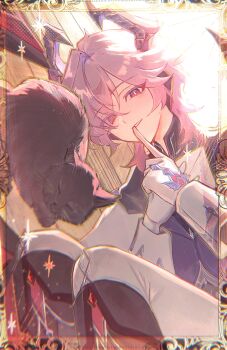 1boy absurdres black_cat boots cat commentary_request dragon_horns dragon_wings finger_to_mouth genshin_impact gloves highres horns looking_at_viewer lying mini_durin_(genshin_impact) mini_durin_(human)_(genshin_impact) muimi575 pants shushing smile solo tail white_gloves white_pants wings