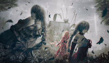 Rule 34 | 1girl, bandage over one eye, bare shoulders, black gloves, breasts, closed mouth, commentary, danger cucumber, dress, english commentary, flower, gloves, halter dress, halterneck, highres, holding instrument case, long hair, medium breasts, multiple views, phrolova (wuthering waves), purple eyes, red dress, spider lily, wuthering waves