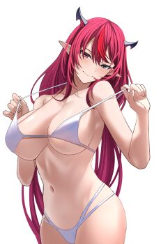 1girl absurdres aqua_eyes armpit_crease bare_shoulders bikini black_horns blush breasts closed_mouth collarbone commentary content_rating cowboy_shot fingernails hashtag-only_commentary heterochromia highres hololive hololive_english horns irys_(hololive) large_breasts long_hair looking_at_viewer multicolored_hair multicolored_horns navel pink_eyes pink_hair pink_horns pointy_ears ranguage si_farid simple_background smile solo stomach streaked_hair swimsuit textless_version two-tone_hair two-tone_horns virtual_youtuber white_background white_bikini