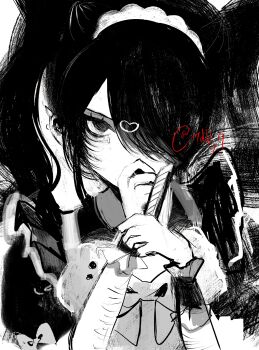 1girl absurdres ame-chan_(needy_girl_overdose) apron boxcutter chest_bow cigarette greyscale hair_ornament hair_over_one_eye heart heart_hair_ornament highres holding holding_boxcutter maid maid_apron maid_headdress monochrome naishukketsukata needy_girl_overdose scar scar_on_arm self-harm self-harm_scar solo sweets_paradise twintails twitter_username upper_body wrist_cuffs