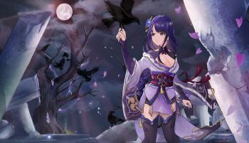 1girl absurdres bare_tree bird bird_on_hand blunt_bangs braid breasts bridal_gauntlets broken_pillar cherry_blossoms cleavage cloud cloudy_sky commentary crow english_commentary falling_petals full_moon genshin_impact glowing highres japanese_clothes kimono large_breasts lingerie long_braid long_hair looking_at_animal looking_to_the_side looking_up mitsudomoe_(shape) mole mole_under_eye moon moonlight night off_shoulder petals pink_petals puffy_sleeves purple_eyes purple_kimono raiden_shogun red_sash ribbon sash single_braid sky solo sorajang11 standing thighs tomoe_(symbol) tree underwear upper_body