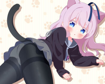 1girl animal_ears black_cardigan black_pantyhose blue_eyes blue_ribbon blush cameltoe cardigan cat_ears cat_girl cat_tail grey_neckerchief grey_skirt hair_ribbon loli long_hair long_sleeves looking_at_viewer lying neckerchief open_mouth panties panties_under_pantyhose pantyhose paw_pose paw_print paw_print_background purple_hair r245 ribbon school_uniform sengoku_kamuri skirt slow_start striped_background tail underwear white_panties yellow_background