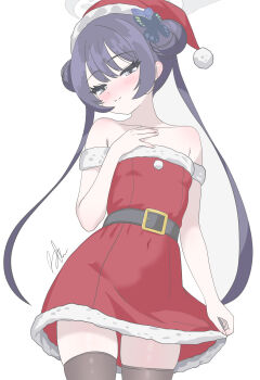 1girl absurdres alternate_costume bare_shoulders belt black_belt black_hair black_thighhighs blue_archive blush breasts butterfly_hair_ornament christmas collarbone commentary cowboy_shot detached_sleeves double_bun dress english_commentary grey_eyes grey_halo hair_between_eyes hair_bun hair_ornament halo hand_on_own_chest hat head_tilt highres kisaki_(blue_archive) long_hair looking_at_viewer red_dress runarie santa_costume santa_hat short_dress short_sleeves sidelocks signature small_breasts smile solo standing strapless strapless_dress thighhighs twintails white_background zettai_ryouiki