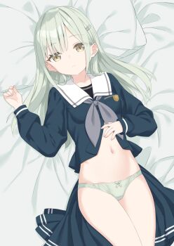 1girl absurdres bang_dream! bang_dream!_it's_mygo!!!!! bed_sheet blue_shirt blue_skirt bow bow_panties breast_pocket breasts buttons chinese_commentary closed_mouth collarbone commentary_request curled_fingers green_hair green_panties grey_neckerchief hair_ornament hairclip hand_on_own_stomach hand_up head_on_pillow highres hong_si_lin long_hair long_sleeves looking_at_viewer lying navel neckerchief no_pants on_back on_bed panties partial_commentary partially_open_shirt pillow pleated_skirt pocket puffy_long_sleeves puffy_sleeves sailor_collar school_uniform serafuku shirt skirt small_breasts solo split_mouth tsukinomori_school_uniform underwear unworn_skirt variant_set wakaba_mutsumi white_sailor_collar yellow_eyes