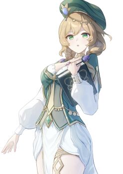 1girl aimo_wotku book breasts brown_hair commentary_request cowboy_shot genshin_impact green_eyes green_hat hat highres holding holding_book jewelry large_breasts lisa_(a_sobriquet_under_shade)_(genshin_impact) lisa_(genshin_impact) long_sleeves necklace official_alternate_costume parted_lips pelvic_curtain simple_background solo white_background