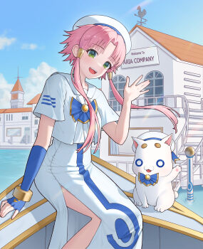 1girl :d \||/ absurdres aria_(manga) aria_company_uniform aria_pokoteng blouse blue_bow blue_bowtie blue_gloves bow bowtie building cat city cloud commentary dead_10001 dress fingerless_gloves forehead gloves gondola green_eyes hair_intakes hair_ribbon hair_tubes hand_rest hat highres long_dress looking_at_viewer mizunashi_akari neo-venezia open_hand open_mouth parted_bangs pink_hair ribbon sailor_collar sailor_hat sailor_shirt shirt short_hair_with_long_locks short_sleeves side_slit single_glove sitting skin_tight sky sleeveless sleeveless_dress smile solo stairs summer_uniform teeth thick_eyebrows upper_teeth_only venice water waving white_cat white_dress white_hat white_sailor_collar white_shirt window