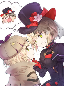 >_< 2girls black_dress blonde_hair blush brown_capelet capelet closed_mouth detective dress dual_persona fang flower gloves green_eyes hand_on_another's_chin hat heaven_burns_red highres imagining irene_redmayne lliissaawwuu2 looking_at_another multiple_girls open_mouth red_gloves selfcest short_hair smile thinking top_hat veil