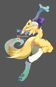 Rule 34 | arm up, black sclera, blue eyes, colored sclera, digimon, digimon (creature), full body, grey background, highres, kitsune, looking at viewer, renamon, simple background, solo, watermark, youzaiyouzai112