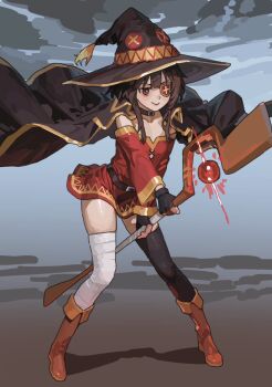 1girl asymmetrical_legwear bad_tag bandaged_leg bandages bare_shoulders belt belt_buckle bent_over between_legs black_cape black_hat black_thighhighs boots breasts brown_belt brown_boots brown_hair buckle cape casting_spell closed_mouth clothes_lift cloud cloudy_sky collarbone commentary dark_cloud dress dress_lift eyepatch foreshortening full_body glowing gradient_background h4sh1rnoto hair_over_shoulder hat highres holding holding_staff knee_boots kono_subarashii_sekai_ni_shukufuku_wo! leaning_forward looking_afar looking_ahead mage_staff megumin mismatched_legwear off-shoulder_dress off_shoulder outdoors red_dress red_eyes short_dress short_hair short_hair_with_long_locks sidelocks single_thighhigh skindentation sky small_breasts smile solo spread_legs staff standing thighhighs two-handed v-shaped_eyebrows wind wind_lift witch_hat yellow_trim