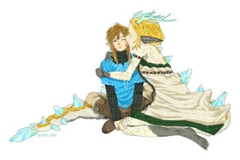 1boy 1girl alternate_form blonde_hair bracelet braid champion&#039;s_tunic_(zelda) crown_braid dragon_girl dragon_horns dragon_tail dress highres horns hug jewelry light_dragon_(zelda) link nintendo oshio_0809 pointy_ears princess_zelda scales short_hair short_hair_with_long_locks simple_background sitting spines tail the_legend_of_zelda the_legend_of_zelda:_tears_of_the_kingdom very_long_tail