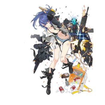 1girl airburst_grenade_launcher arm_behind_head arm_up assault_rifle bandaid bare_shoulders belt bikini black_bikini black_boots black_gloves blouse blue_hair blue_shorts bolt-action_grenade_launcher bolt_action boot_straps boots breasts broken broken_glass buckle bullpup burst_fire_gun burst_fire_rifle cable can carbine chemicals choker clothes_pin clothes_writing coat collarbone computerized_scope cooking_off cooler daewoo_k11 damaged denim denim_shorts destruction dirty dr_pepper drink_can earrings electricity embers explosion explosive female_focus fingerless_gloves fire full_body girls'_frontline glass glass_shards gloves grenade_launcher grey_coat gun head_tilt holding holding_coat holding_gun holding_unworn_clothes holding_weapon ice jewelry k11_(girls'_frontline) knee_boots lace-up_boots ladic leaning_forward leather leather_choker lightning long_coat long_hair long_shirt malfunction medium_breasts messy_hair multi-weapon multimeter multiple-barrel_gun multiple_straps name_tag off_shoulder official_art one_eye_closed open_clothes open_coat open_fly open_shirt parted_lips personification pouch precision-guided_firearm purple_eyes rifle scope see-through_clothes shards shells shirt short-barreled_rifle short_shorts shorts side_ponytail sidelocks sight_(weapon) single_earring single_fingerless_glove skindentation smart_scope smirk soda_can solo sparkle sparks standing stomach sweat swimsuit telescopic_sight test_tube thermal_weapon_sight thigh_strap thighs torn_clothes torn_coat transparent_background trench_coat trigger_discipline underbarrel_assault_rifle underbarrel_rifle unworn_coat vial weapon white_shirt