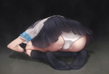 1girl apologizing armband ass black_hair black_sailor_collar black_skirt bowing crotch_seam cuffs dogeza feet from_behind kneehighs murakami_suigun no_shoes on_floor original panties pleated_skirt prostration sailor_collar school_uniform serafuku shackles shirt short_sleeves skirt socks solo sweat underwear white_panties