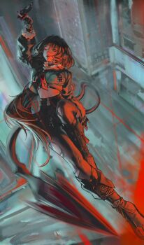 1girl absurdres alone86629 animal_ears arms_up black_hair black_shorts boots building ear_piercing earrings falling fingerless_gloves fur-trimmed_jacket fur_trim garter_straps gloves high-waist_shorts highres holding holding_knife jacket jane_doe_(zenless_zone_zero) jewelry knife long_hair long_tail looking_at_viewer mouse_ears mouse_girl mouse_tail necktie open_mouth pantyhose piercing red_light red_nails sharp_tail shorts single_garter_strap single_leg_pantyhose single_thighhigh solo spinning_weapon tail thighhighs torn_clothes torn_pantyhose torn_thighhighs two-tone_necktie zenless_zone_zero