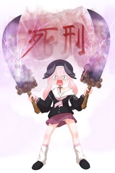 &lt;|&gt;_&lt;|&gt; absurdres angry black_choker black_shirt black_shoes blue_archive blush choker clothes_lift collarbone commentary dual_wielding elden_ring embarrassed fighting_stance full_body hair_between_eyes hands_up highres holding holding_sword holding_weapon jungandang koharu_(blue_archive) long_hair long_sleeves looking_at_viewer loose_socks miniskirt neckerchief nose_blush open_mouth panties parody pink_hair pink_neckerchief pink_skirt pleated_skirt sailor_collar school_uniform serafuku shirt shoes simple_background single_bare_shoulder skirt skirt_lift smoke socks standing starscourge_greatsword sweat sword translated twintails underwear wavy_mouth weapon white_background white_panties white_sailor_collar white_socks