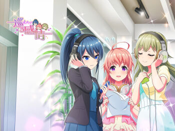 3girls ahoge bamboo black_jacket blue_dress blue_eyes blue_hair blue_necktie blue_shirt blue_skirt blush breasts ceiling_light cellphone clenched_teeth closed_eyes closed_mouth dot_nose dress flying_sweatdrops green_hair hair_tie headphones high_ponytail highres holding holding_paper holding_phone indoors jacket long_hair long_sleeves medium_breasts misaki_(project_tokyo_dolls) multiple_girls necktie official_art open_clothes open_jacket open_mouth paper phone pink_hair ponytail project_tokyo_dolls purple_eyes sakura_(project_tokyo_dolls) second-party_source shiori_(project_tokyo_dolls) shirt short_sleeves skirt small_breasts smartphone smile sparkle teeth translated unbuttoned upper_teeth_only yellow_jacket