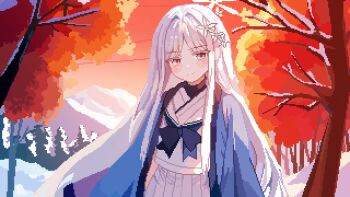Rule 34 | 1girl, blue archive, blue bow, blue haori, bow, commentary, evening, forest, hair ornament, halo, haori, highres, japanese clothes, light smile, long hair, looking at viewer, mountainous horizon, nagusa (blue archive), nature, orange sky, outdoors, pixel art, sailor collar, school uniform, serafuku, sky, snow, snowflake hair ornament, snowflake halo, solo, tinia etru, white eyes, white hair, white halo, white serafuku
