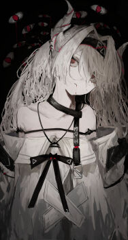 1girl absurdres aegyo_sal averting_eyes bare_shoulders black_background black_headband blood blood_from_mouth closed_mouth collarbone commentary commission dark demon_girl disembodied_eye dot_mouth dress english_commentary hair_between_eyes hair_intakes hair_over_one_eye head_tilt headband highres horns long_hair long_sleeves monochrome off-shoulder_dress off_shoulder original pale_skin parted_lips pikuson red_eyes saliva simple_background solo spot_color upper_body white_dress white_hair white_horns