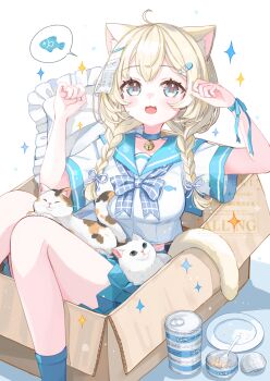 1girl :3 :d ahoge animal animal_ears bell blonde_hair blue_bow blue_bowtie blue_choker blue_sailor_collar blue_skirt blue_socks blush bow bowtie box braid breasts cat cat_ears cat_girl cat_tail choker collarbone commentary feet_out_of_frame fish hair_ornament hairclip hands_up highres in_box in_container long_hair medium_breasts miniskirt neck_bell open_mouth original pillow pleated_skirt sailor_collar school_uniform serafuku shirt short_sleeves simple_background sitting skirt smile socks solo sparkle spoken_food tail twin_braids watermark white_background white_shirt yutukicom