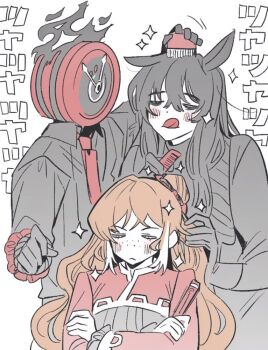 1boy 1girl 1other :q animal_ears black_dress black_hair brushing_hair clock comb commentary_request cowboy_shot crossed_arms dante_(limbus_company) dress fire heishou_pack-wu_branch_(identity)_(project_moon) holding holding_comb holding_scrunchie hongyuan_(identity)_(project_moon) horse_boy horse_ears ishmael_(project_moon) limbus_company long_hair necktie object_head orange_hair project_moon red_necktie red_scrunchie red_shrug scrunchie shrug_(clothing) tama_launcher tongue tongue_out translation_request very_long_hair yi_sang_(project_moon)